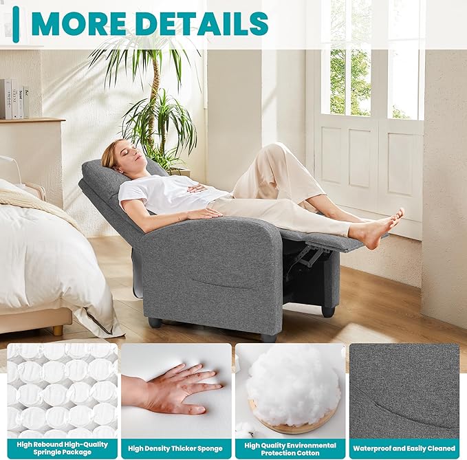Sweetcrispy Recliner Chair Fabric Recliner Sofa No Massage Home Theater Seating with Lumbar Support Adjustable Push Back Overstuffed High-Density Sponge Reclining for Living Room Grey