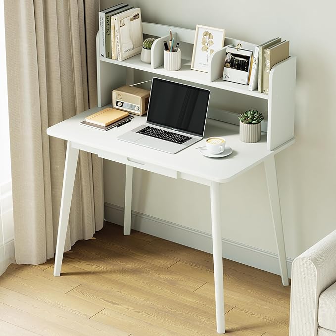 IOTXY Small Writing Desk with Hutch - 39.4 Work Computer Study Table with Drawer for Home and Office White