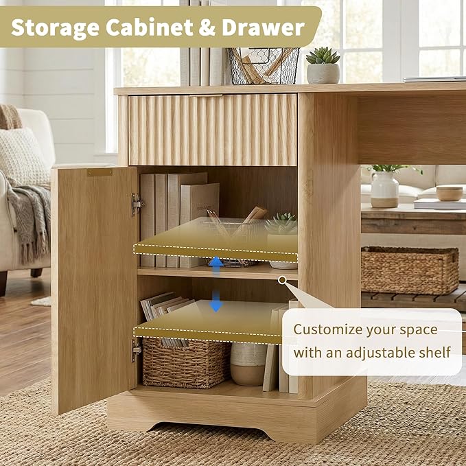 L Shaped Home Office Desk with Drawers Wood Corner Computer Desk with File Cabinet and Storage Shelf Executive Work Study Writing Table with Power Outlets and Monitor Stand 59 Inch Natural Wood