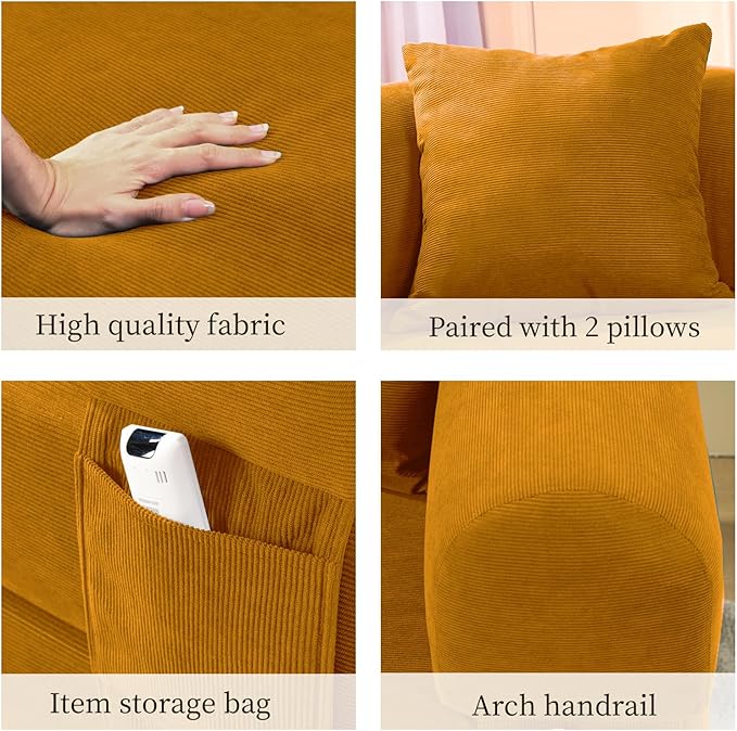 KBQ 3-Seat Convertible Sleeper Sofa Bed with 2 Pillows Corduroy Folding Mattress Couch Floor Sofa Lounge Couch for Living Room Bedroom Lounge Studio Yellow