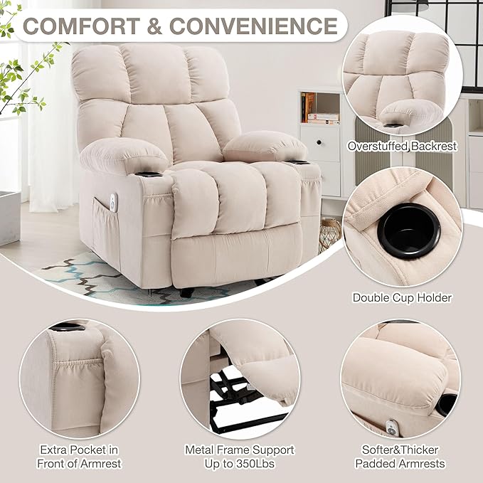 Massage Rocker Recliner Chair with Heat and Vibration Ergonomic Rocking Lounge Chair for Living Room Comfy Overstuffed Recliner with 4 Side Pockets2 Cup Holders USB Charge PortBeige