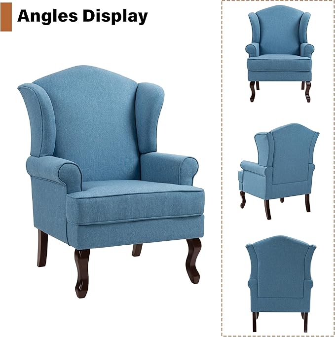 High Back Accent Chairs Set of 2 Comfy Upholstered Fabric Armchair for Living Room Mid Century Modern Club Accent Chair with Solid Wood Legs Single Sofa Reading Chair for Bedroom Sky Blue