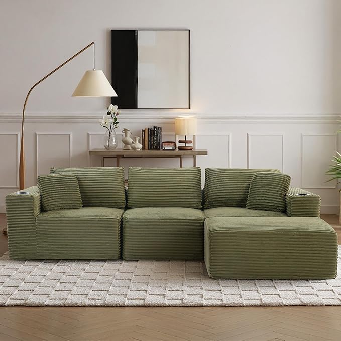 110”Modular Sectional SofaCloud Boneless Couch with Deep SeatModern Modular L-Shape Sofa Couch with 0ttomanUpholstered Couches for Living Room Bedroom (Green)