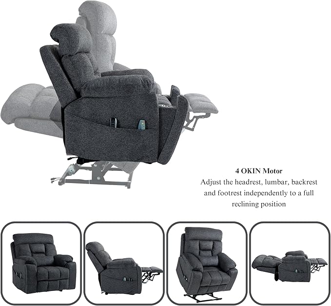 4-Motor Lay Flat Power Lift Recliner Chair with Heat &amp Massage - Power Adjustable Headrest Backrest Lumbar &amp Legrest - Big Tall Recliners 4-Point Massage (Seat Heating)