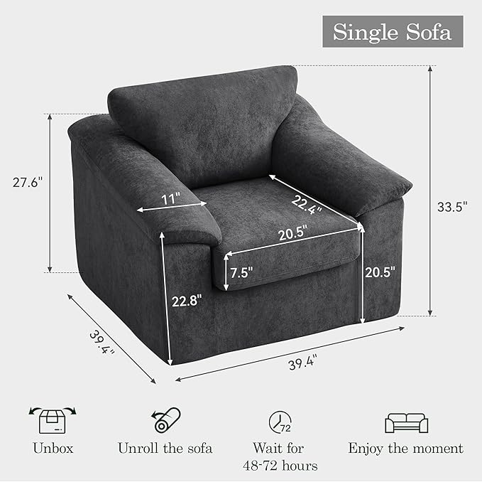 Boneless Single Sofa Chair Modern Cloud Accent Chair Comfy Deep Seat Couch for Living Room Bedroom Apartment Small Space No Assembly Dark Gray