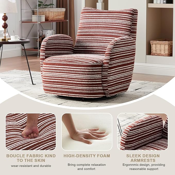 360° Swivel Accent Chair with Armrest Modern Striped Upholstered Lounge Chair Stable Round Base &amp Sturdy Metal Frame Armchair for Bedroom Living Room Office &amp Vanity (Oxblood)