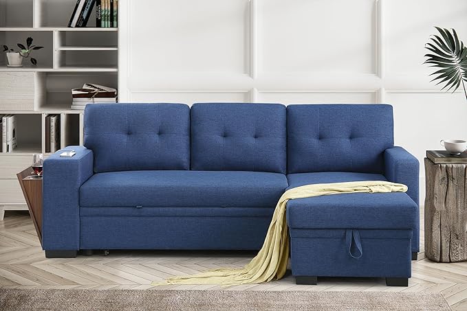 Ball &amp Cast L-Shape Reversible Sectional Sleeper Sofa Bed4 in 1 Pull Out Couch with Storage Chaise USB Ports &amp Cup HolderConvertible Sleeper Corner Couch Pull-Out Sofa Bedfor Living RoomOf