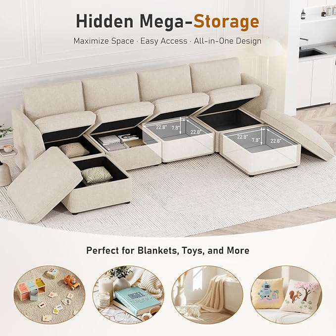 Furnimart 110.6 Modular Sectional Sofa with Full Seat Storage U-Shaped 6-Seater Deep Seat Couch with Chenille Fabric Sectional with 2 Movable Ottomans for Living Room Beige