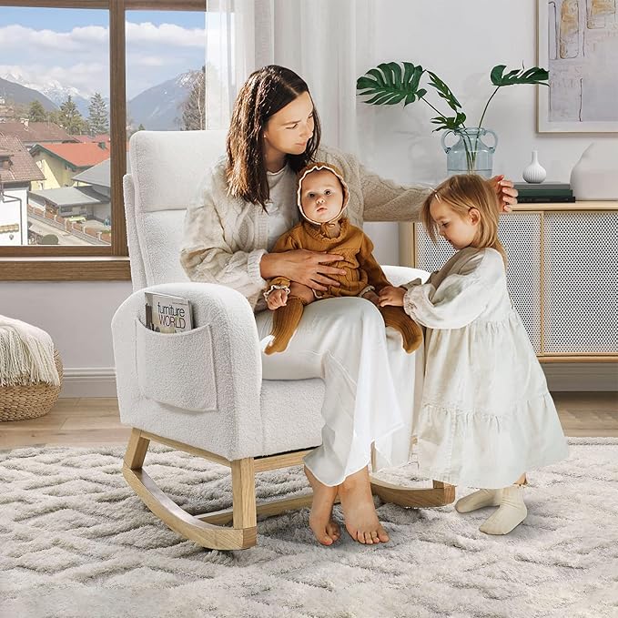 Nursery Rocking Glider Chair Modern Fabric Tall Back Accent Rocker Chair Upholstered Arm Chair w/Side Pockets Modern Leisure Single Sofa for Living Room Hotel Bedroom Office White