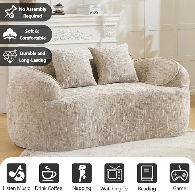 67 Curved Loveseat Sofa with 2 Pillows Modern Boneless Couch in a Box Small Cloud Loveseat for Bedroom Small Space Apartment Living Room Memory Foam Chenille No Assembly (Light Khaki)