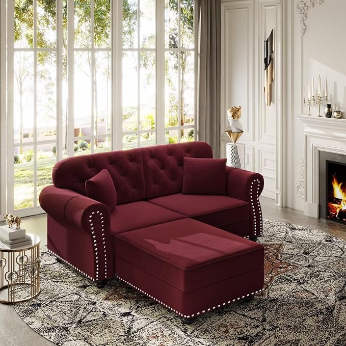 63 Compact Velvet Sofa with Ottoman Mid-Century Modern Tufted Couch with Nailhead Trim &amp Rolled Arms Includes 2 Decorative Pillows Burgundy Upholstered Seating for Living Room