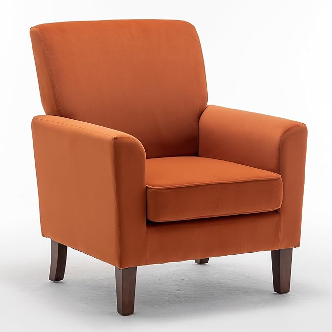 Contemporary Accent Arm Chair with Birch Wood Frame and Velvet Upholstery Armchair for Office and Living Room Decor Removable Cushions Orange