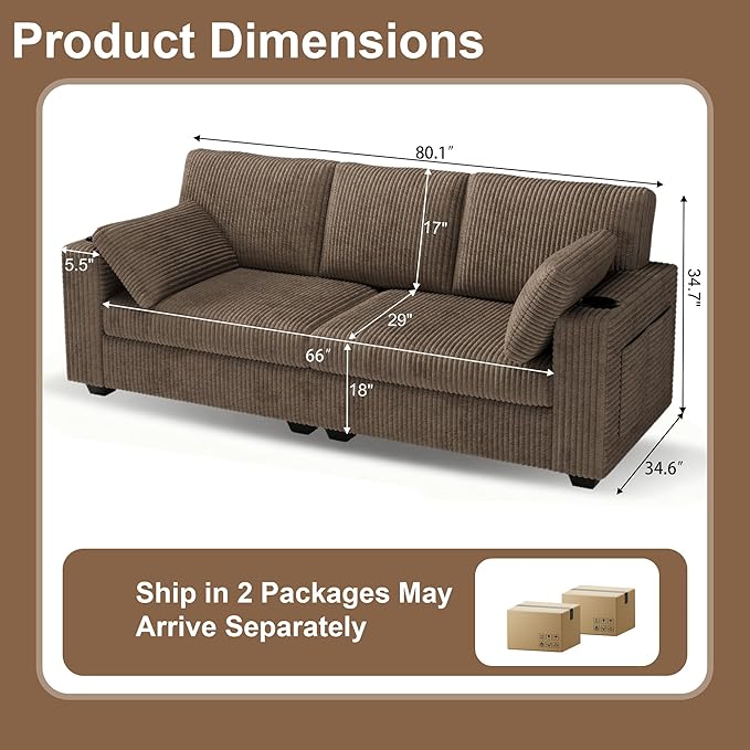 80'' Couches for Living Room Corduroy Cloud Couch Sofa with Cup Holders &amp USB 2 Pillows Comfy 3 Seater Sofas Modern loveseat Couch for Small SpaceApartmentBedroom Light Brown