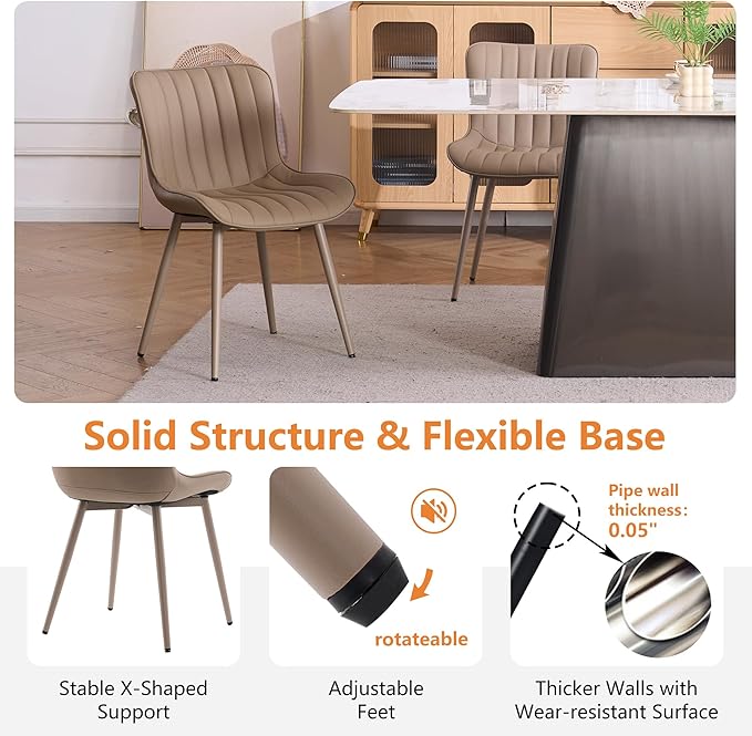 YOUNUOKE Mid-Century Modern Dining Chairs Set of 2 Khaki PU Leather Upholstered Kitchen Chairs with Khaki Metal Legs Armless Accent Chair for Dining Room Guest Reception Room