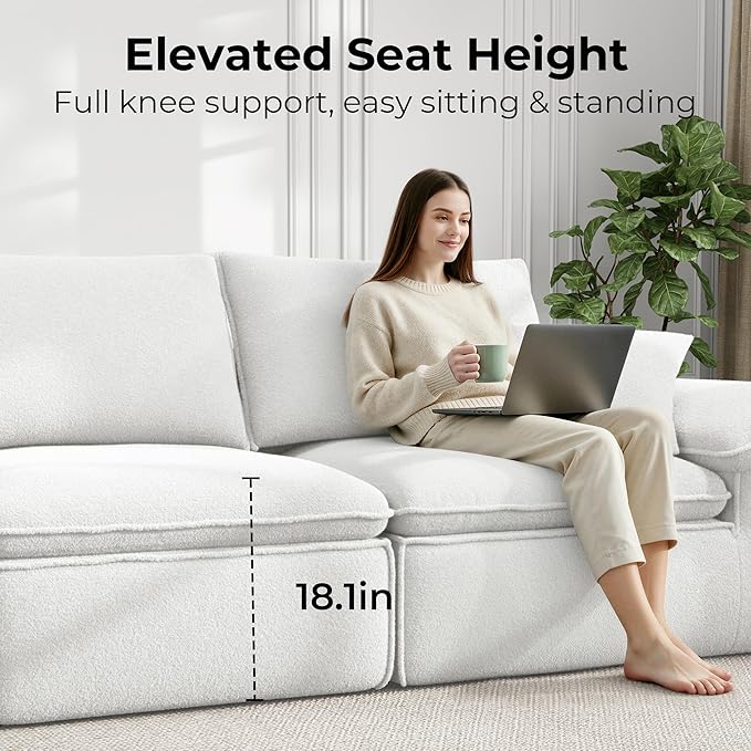 LIKIMIO 120 L-Shaped Modular Sectional Sofa Cloud Sectional Couch with Deep Seat Comfy Teddy Upholstery Oversized 3-Seater with Ottoman Boneless Couch for Living Room No Assembly White
