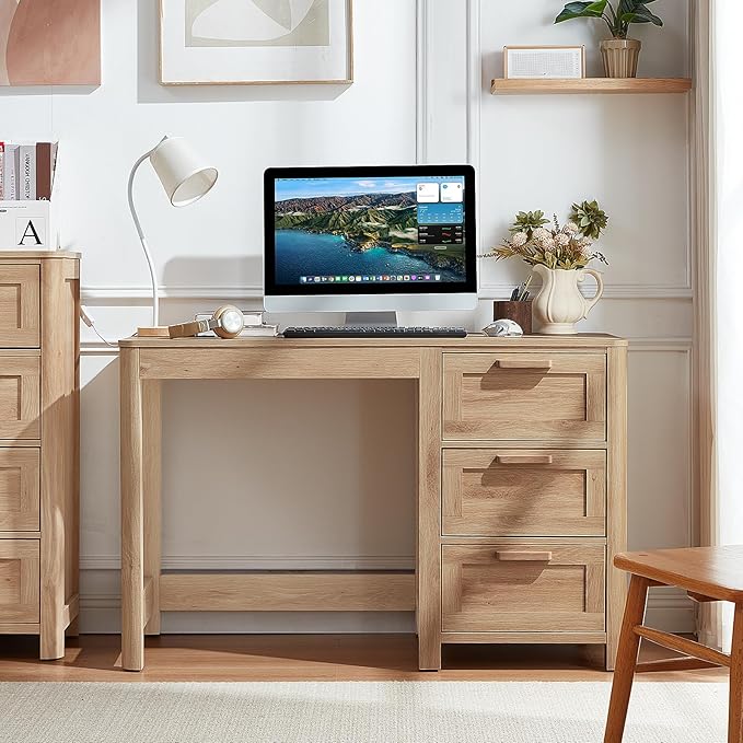 Office Desk 48 with 3 Drawers Storage File Cabinet Wood Farmhouse Desk for Computer Office Bedroom Home Furniture Natural