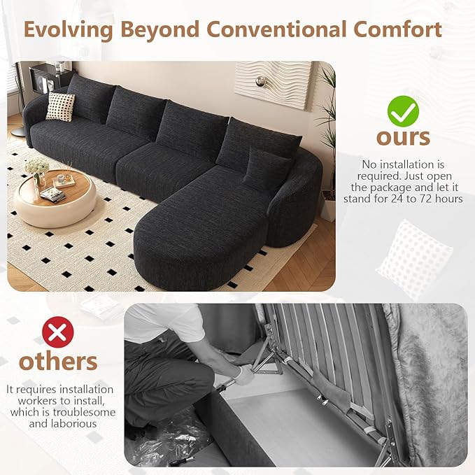 138.6 L Shaped Modern Modular Sectional Curved Back Sofa Minimalist Style Comfy Cloud Couch for Living Room Apartment No Assembly Required Boneless Couches (BlackRight Facing Chaise)