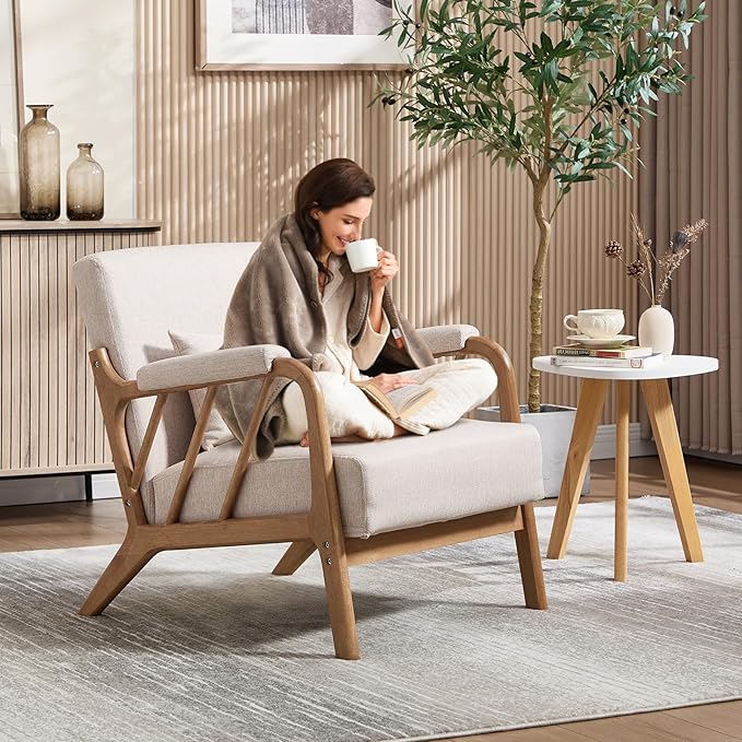 ANJ Mid Century Modern Accent ChairLiving Room Chairs with Wood Frame &ampLumbar Pillow Upholstered Reading Armchair for Bedroom