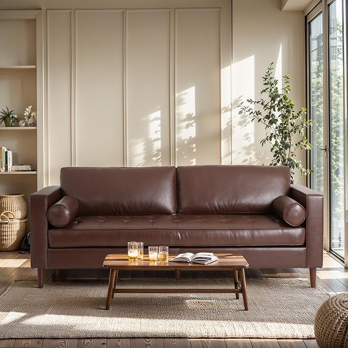 Merax Upholstered PU Sofa Classic 3 Seater Leather Couch with Wooden Legs for Living Room Bedroom Office Dark Brown
