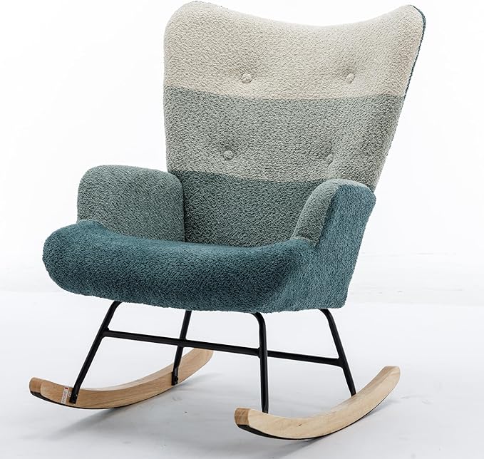 Modern Patchwork Accent Chair with Solid Wood Armrest and Feet Mid-Century Modern Accent Sofa Fabric Sofa Chair for Living Room Bedroom Studio Comfy Side Armchair for Bed (Green+Dark Green)