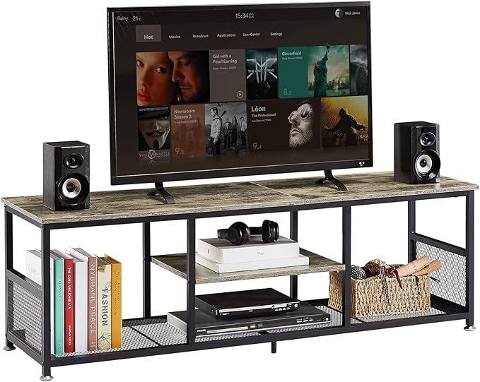 VECELO Industrial TV Stand for Televisions up to 65 Inch 55 Entertainment Center with Open Storage Shelves for Living Room/Bedroom 3 Tiers Media Console Table with Metal Frame Grey 55 Inches