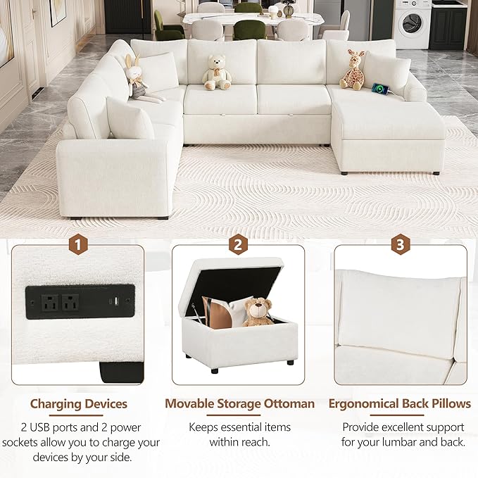 Modern Sectional Sofa Pull-out Sofa Bed Sleeper with a Storage Ottoman and 3 Pillows L-shaped Convertible Sofa Bed Chenille Upholstered Combination Couch for Living Rooms Offices (Cream-16)