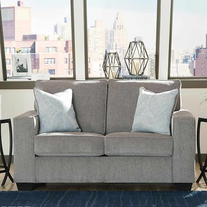 Signature Design by Ashley Altari Modern Loveseat with 2 Accent Pillows Light Gray