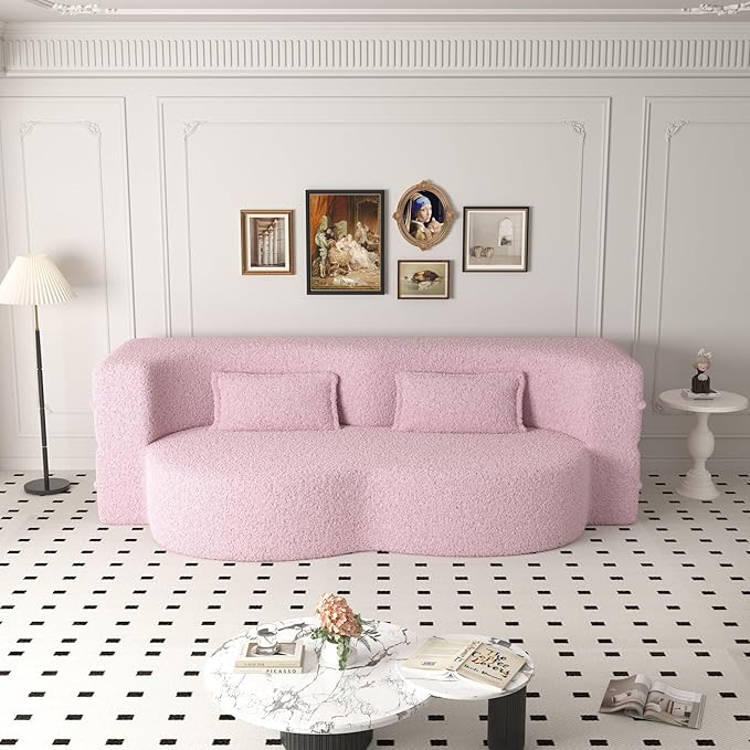2 in 1 Folding Sofa Bed with 2 Pillows Teddy Fabric Foam-Filled Convertible Sleeper Sofa Floor Couch Full Mattress for Living Room Guestroom No Assembly Required Sofa Bed Pink