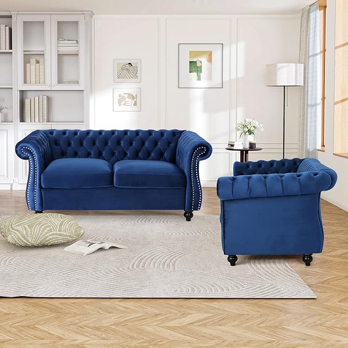61W Mid Century Modern Chesterfield CouchUpholstered Velvet Loveseat Sofa with Button Tufted &amp Rolled ArmrestsDeep Seat Comfy Sofa with Nailhead Trim &amp Gourd Legs for Living RoomApartment(