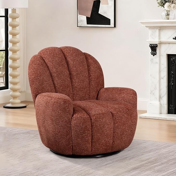 2 Pcs Mid Century Modern 360° Barrel Swivel Accent Sofa Chair Fluffy Cozy Linen Fabric Upholstery Lounge Upholstered Armchair Reading Chair Sturdy Base For Living Room Bedroom Office (Orange)