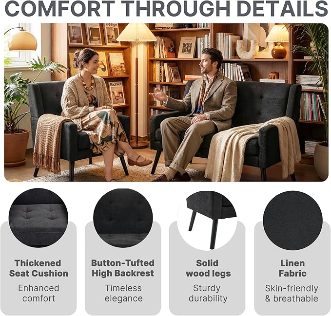 Mid-Century Modern 47 Small Loveseat &amp Accent Chair Combo Set Plush Linen Fabric with Button Tufted High Back &amp Solid Wood Legs for Apartment Living Room Bedroom Home Office (Black 2-Pie