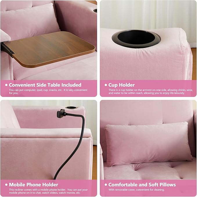 Velvet Convertible Chair Bed 3 in 1 Multi-Functional Lounge Chair Sleeper Pull Out Couch Guest Bed with Hidden Table and Adjustable Backrest for Living Room Small Space Apartment (Pink)