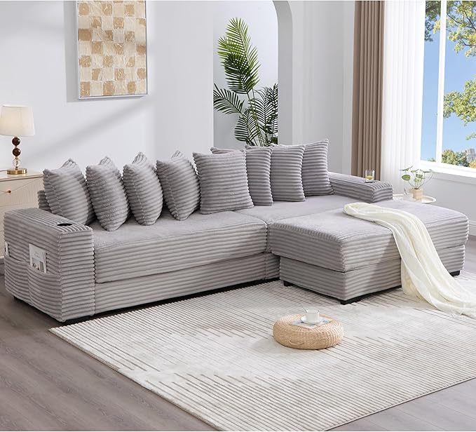Oversized L-Shaped Modular Sectional Sofa Couch with 8 Pillows Convertible Corduroy Sleeper Sofa Bed with Cupholders &amp Storage Pockets Cloud Couch with Movable Ottoman for Living Room Light Gre