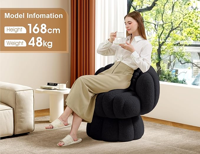 Teddy Fleece Swivel Vanity Chair - Armless Padded Accent Desk Chair for Bedroom Living Room Black