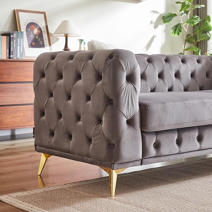 82.5'' Velvet Chesterfield Sofa Button Tufted Upholstered Sofa Couches with 2 Pillows Golden Metal Feets Removable Thick Cushions Comfy Chesterfield Couches for Living Room Apartment Grey