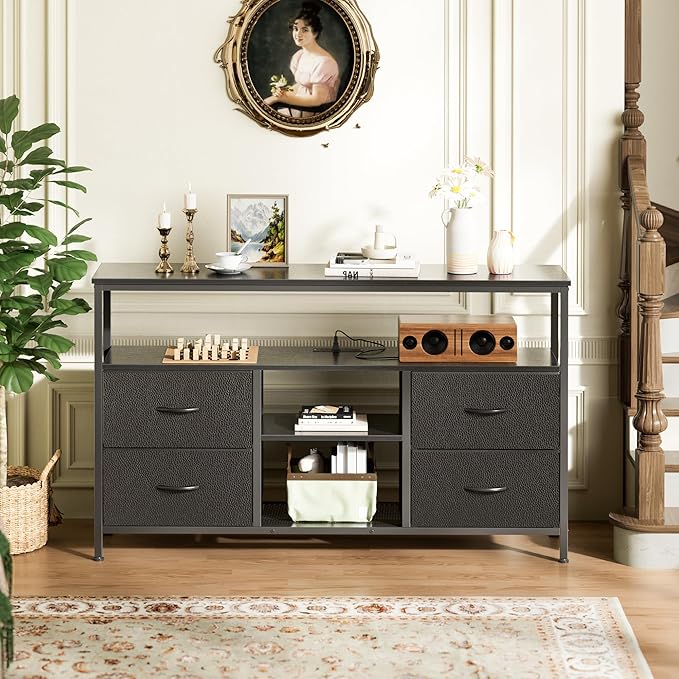 Huuger 47 Inch TV Stand Dresser with Power Outlets and LED Lights Fabric Dresser for Bedroom with Storage 4 Drawers Entertainment Center with Open Shelf Media Console for 55 50 Inch TV Black