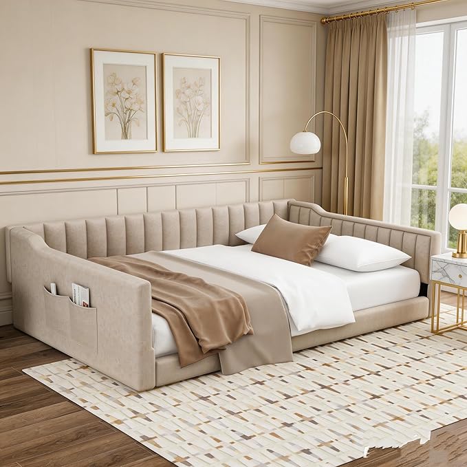 Full XL Size Floor Bed with Storage Pocket Upholstered Floor Sofa Daybed with Vertical Stripe Design for Gust RoomBedroom Living Room Beige