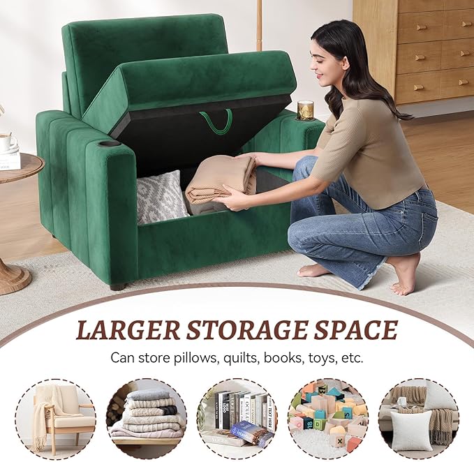 39 Inch Accent Chair Velvet Fabric Comfy Oversized Single Sofa Armchair with Storage USB Cup Holders Easy Installation Modern Chairs for Living Room Game Room
