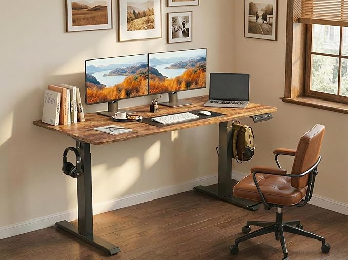 BANTI One-Piece Standing Desk Adjustable Height Stand up Home Office Desk 48x24 Inch Electric Standing Computer Desk with 4 Memory Presets Headphone HookRustic Brown