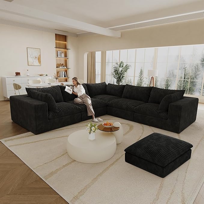 V-Shaped Corner Corduroy Boneless Sofa Couch with Thick Cushion&ampMemory Foam 118.2 Modular Sectional Couches No Assembly Required Cozy Cloud Fluffy Sofa with Ottoman for Living Room(Black) | Br