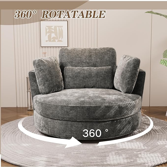 Chifee &amp Vingol 50.2 Oversized Swivel Accent Chair Upholstered Round Barrel Chair with Pillows Swivel Chairs for Living Room BedroomChenilleGray