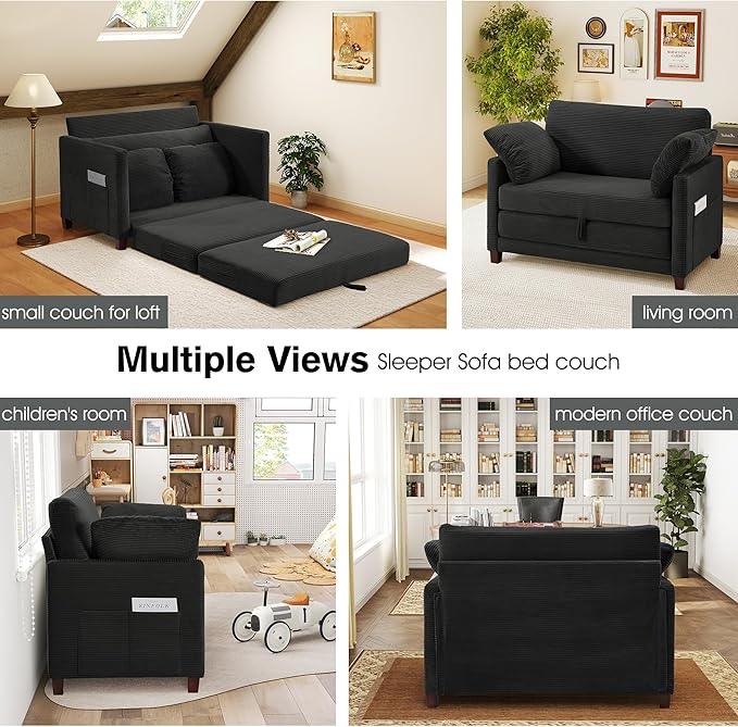 51 Loveseat Sleeper Sofa Bed Corduroy Convertible Floor Sofa Bed for Small Spaces Folding Couch Bed with Deep Seat 2 Pillows &amp Solid Frame Pull Out Floor Couch for Living Room Black