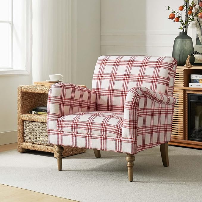 HULALA HOME Modern Accent Chair with Arms and Wooden Legs Comfy Upholstered Armchair for Bedroom Living Room (Plaid Pattern Red)