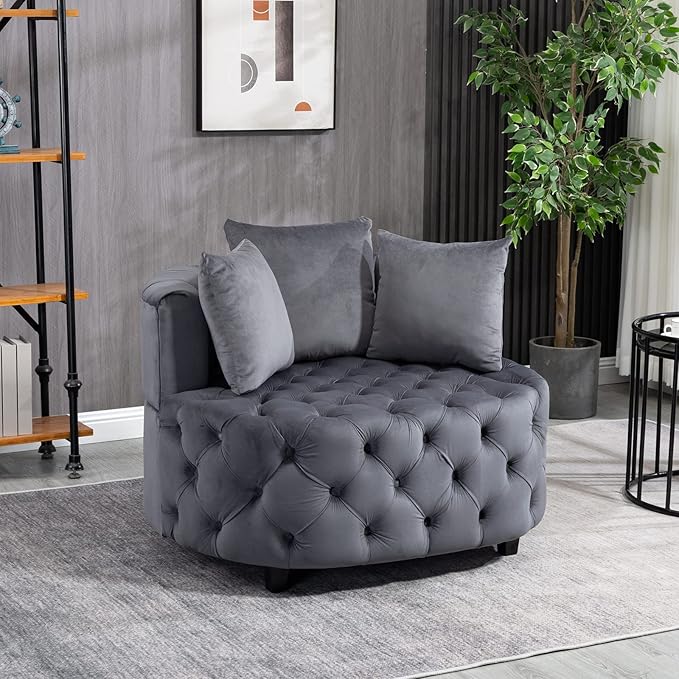 Modern Upholstered Tufted Barrel ChairVelvet Accent Chair with PillowsSingle Armrest Sofa Chair with Legs for Living RoomOfficeBedroom