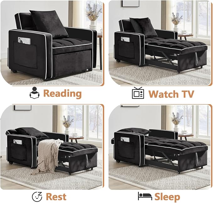 3 in 1 Convertible Sleeper Chair Bed Modern Velvet Pull Out Sofa Bed Single Sleeper with Adjustable Backrest/Pillow/Side Pockets for Living Room Bedroom Apartment Small Space(Black)