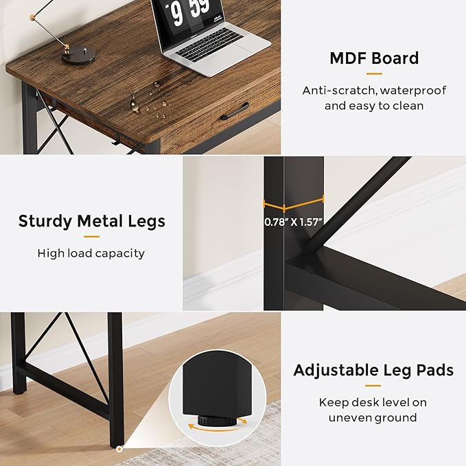 78.7 inch Extra Long Computer Desk with 3 Drawers Two Person Office Desk Double Desk with Hooks Industrial Writing Study Table Workstation for Home Office Vintage Brown
