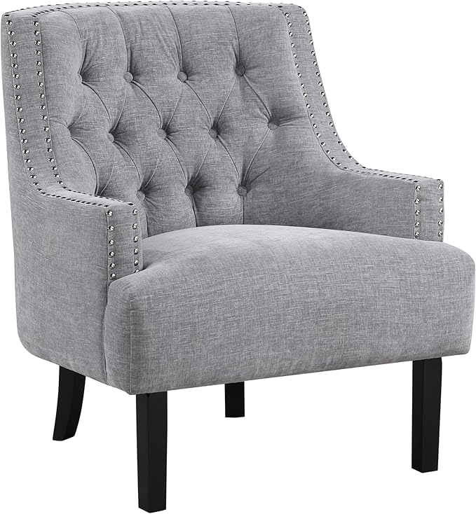 Modern Traditional Chair with Gray Chenille Upholstery and Button-Tufted Design Solid Wood Frame for Living Room Style