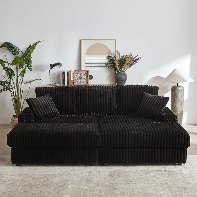 84 Oversized Double Chaise Lounge Indoor Modern Comfy Corduroy Sectional Couch with Ottoman Loveseat Sleeper Sofa Bed with Cup Holder Home Sofa Living Room Apartment (Black)