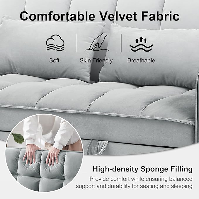 Convertible Sofa Bed 3 in 1 Sleeper Sofa with Adjustable Backrest Pull Out Couch Loveseat with 2 Pillows &amp Side Pockets for Living Room Bedroom Apartment 55 Velvet | Light Gray