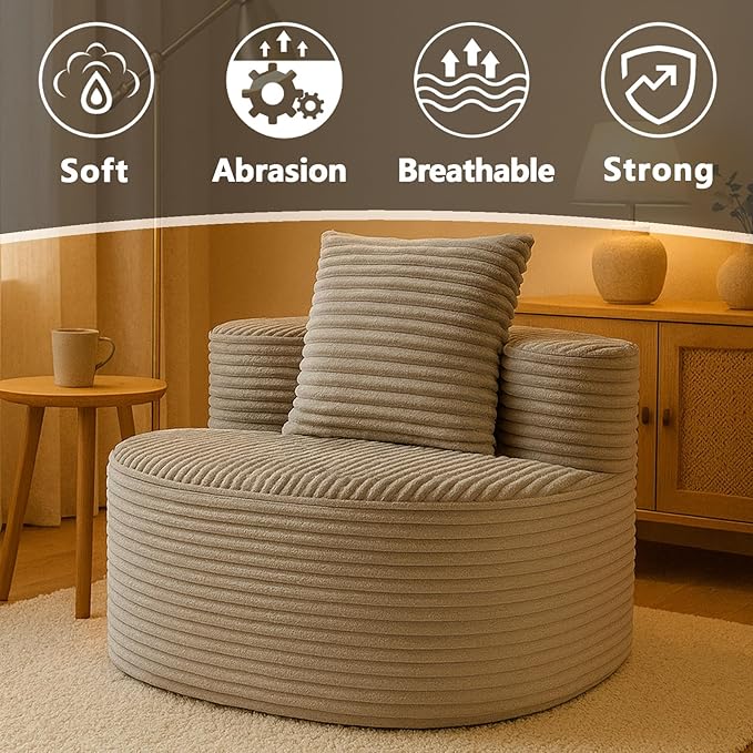45 Oversized Round Chair Boneless Reading Chair with Comfy Pillow for Living Room Circle Cloud Chair for AdultsCorduroy Memory Foam Large Seat No Assembly Required (Smoke Grey)